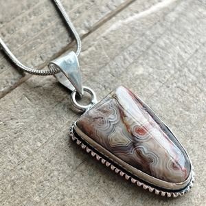 Crazy Lace Agate Pendant Necklace in 925 Sterling on 18" Silver Snake Chain #032